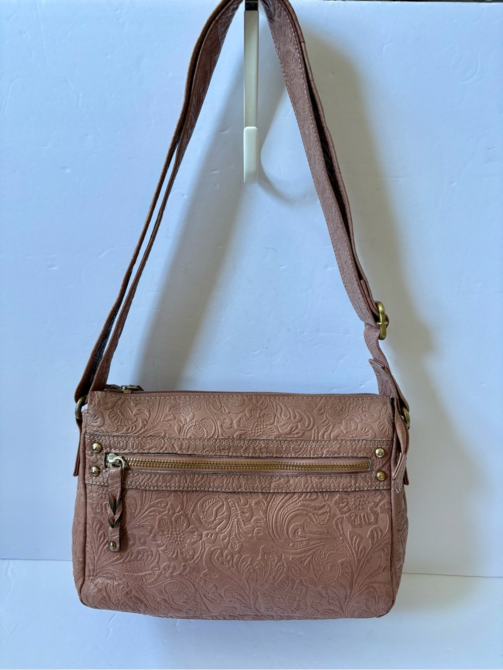 Great American Leatherworks Dusty Pink Embossed Crossbody Bag Floral Tooled Boho